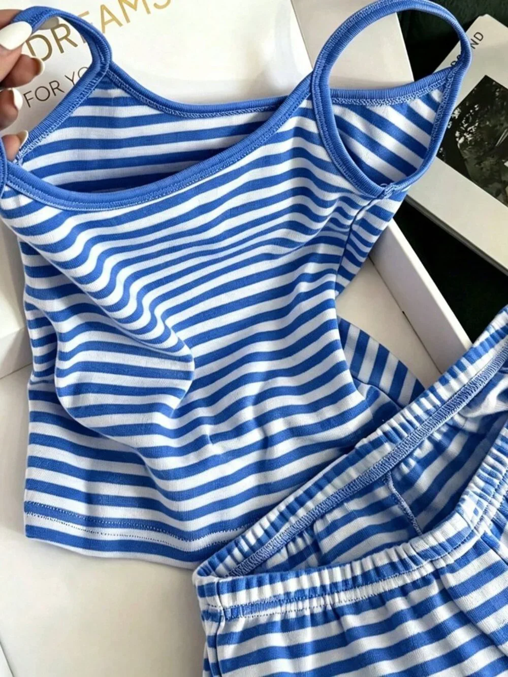 Baby Blue Casual Women's Striped Colorblock Cami Top And Shorts Set